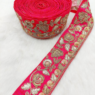 Silk Trim Gold Floral Embroidered Sequins Trim, Decorative Trim, Indian Sari Border